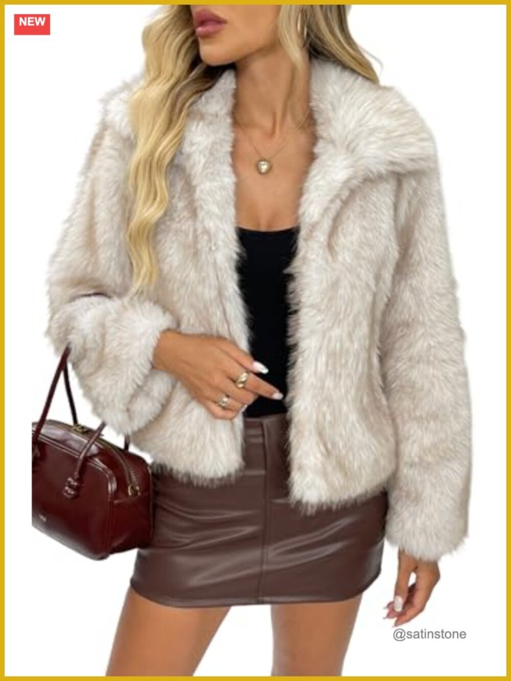 Two-Tone Faux Fur Coat Quilted Lining Lapel Collar Winter Jacket